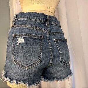 Boho Distressed High Rise Denim Cut Off Stretch Women Shorts 7/28 Dark Wash Blue